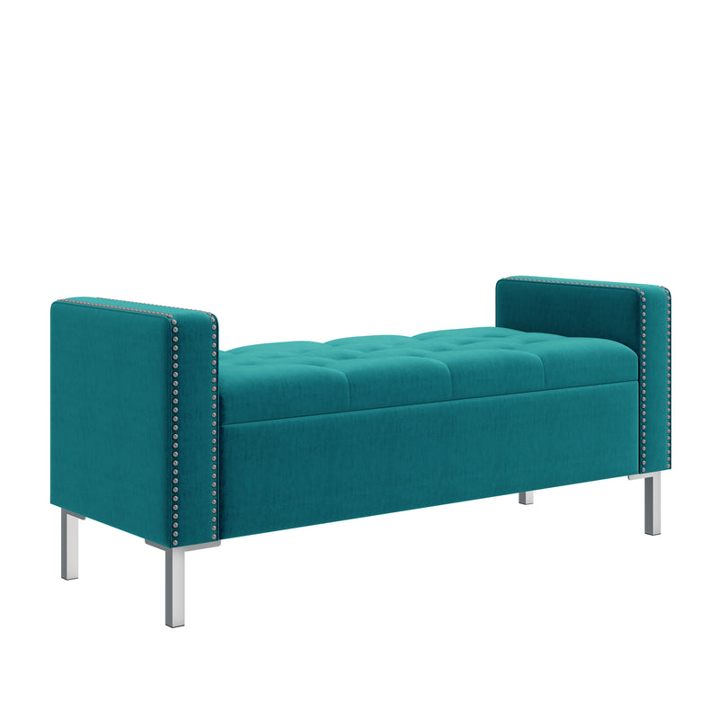 Velvet Square-Arm Tufted Top Storage Bench Ottoman with Pewter Nailhead Trim