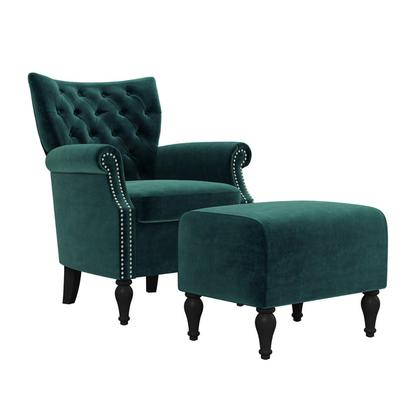 Sutcliff Button-Tufted Rolled Armchair and Ottoman