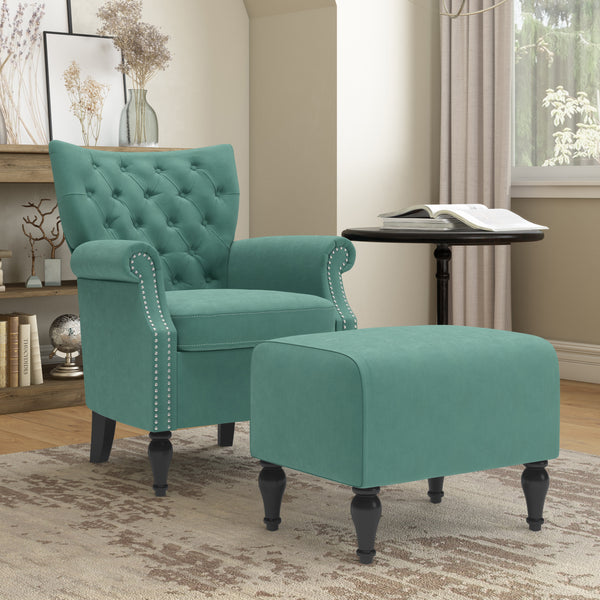 Sutcliff Button-Tufted Rolled Armchair and Ottoman